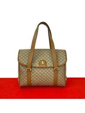 Celine Vintage Macadam Blason Logo Pattern Leather Handbag Mini Tote Brown Beige